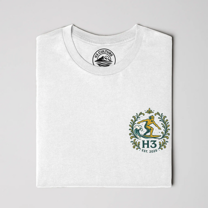 A vintage-inspired surfer riding a wave